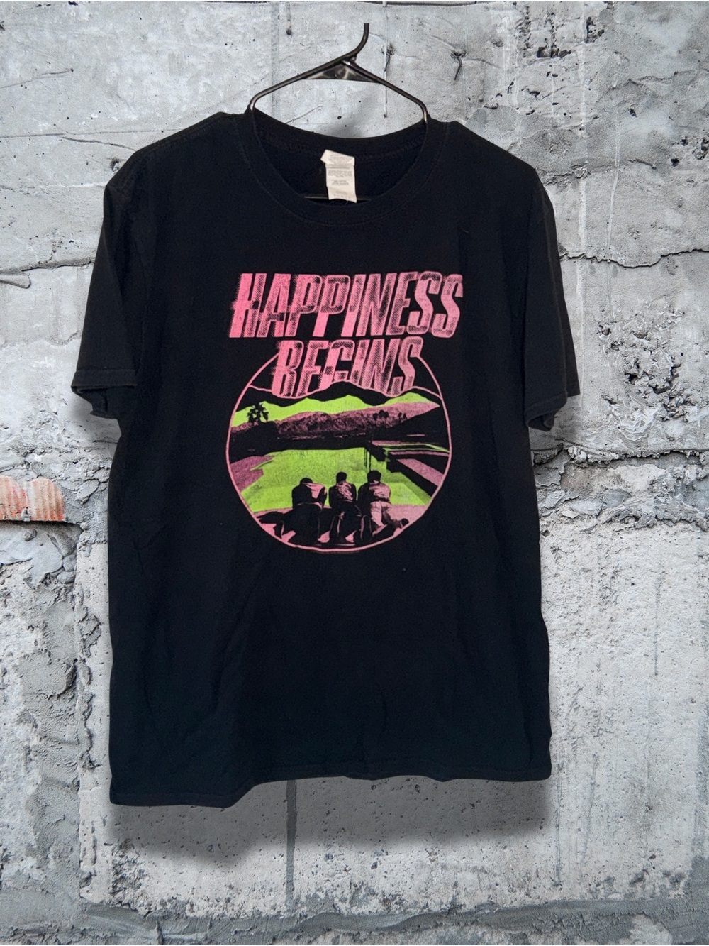 Black Short-Sleeve Graphic Tee with Pink & Lime Scenic Print